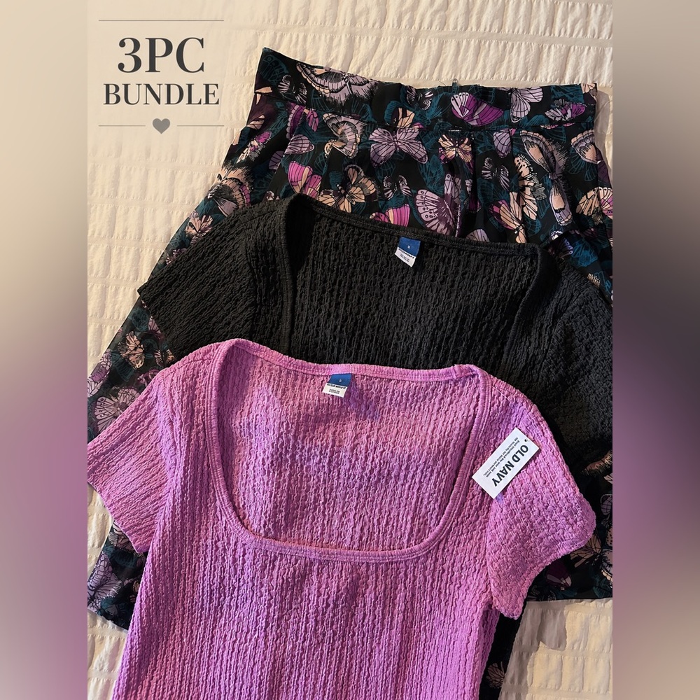 Old Navy Pink Top, Black Top & Butterfly Print Skirt